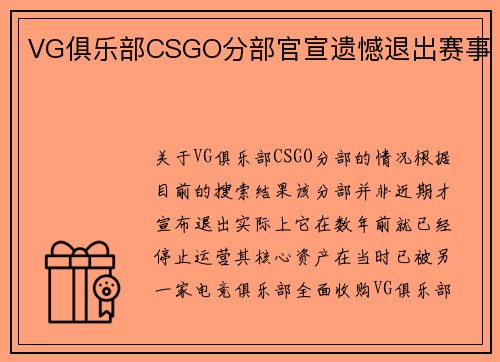 VG俱乐部CSGO分部官宣遗憾退出赛事